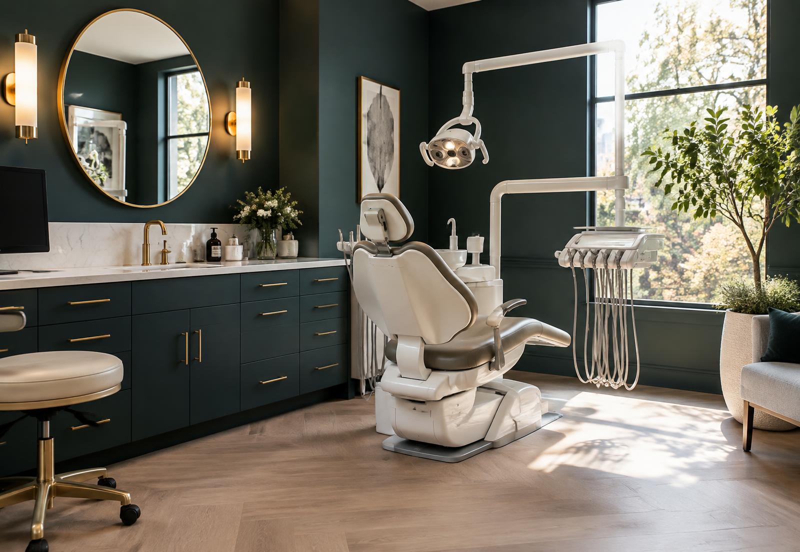 Bayview treatment room with a dental chair, teal cabinets, and a window