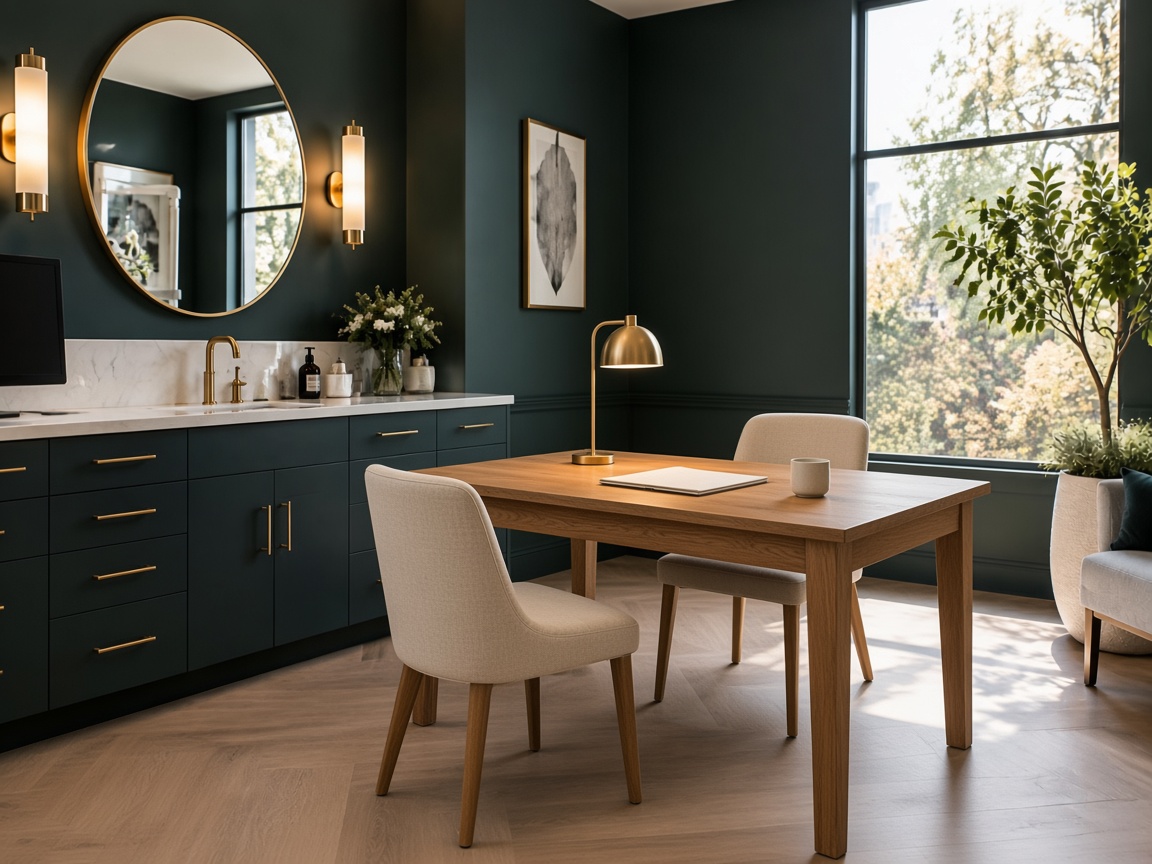 Consultation corner with two chairs, an oak table, and a brass lamp