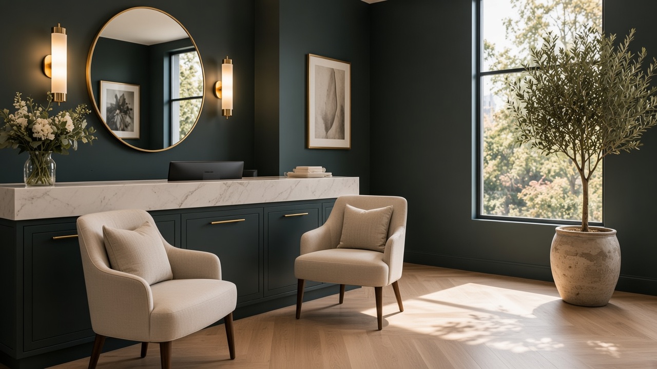 Reception with a marble desk, linen chairs, and a round brass mirror