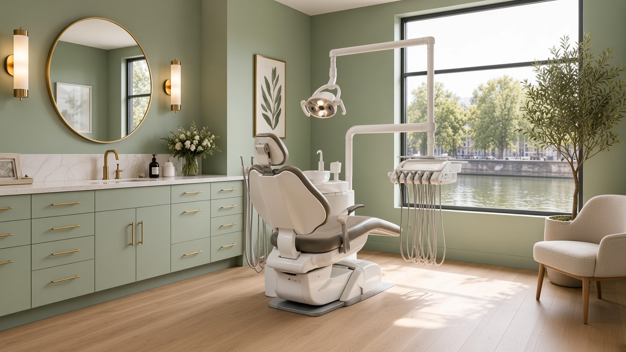 Sage-green treatment room looking out over a river quay
