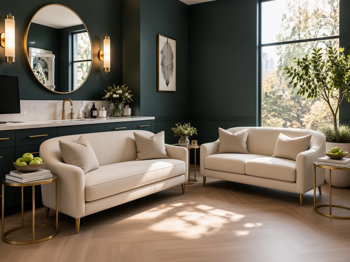 Waiting lounge with ivory seating against deep teal walls