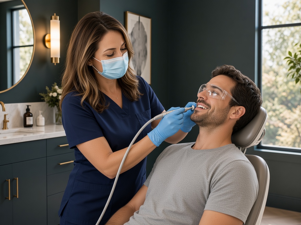 A clinician polishing a patient’s teeth