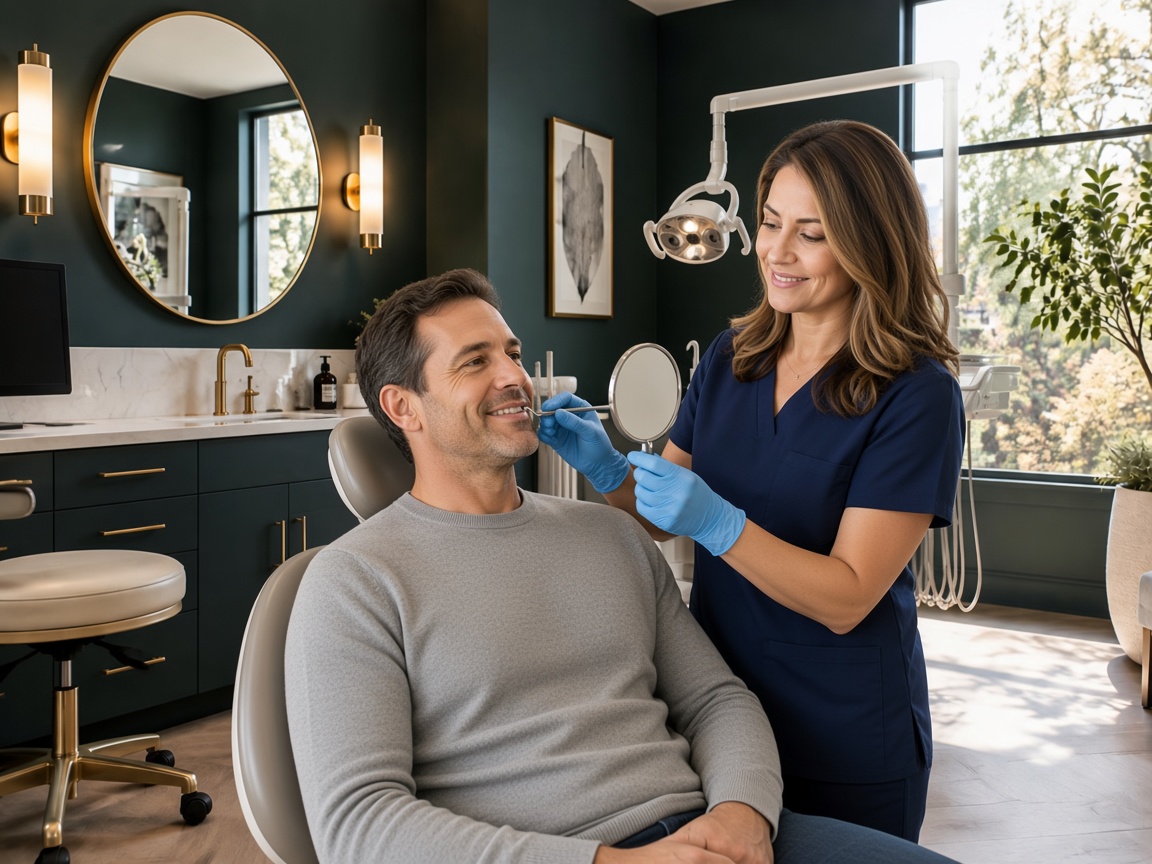 A dentist showing a patient their smile in a hand mirror