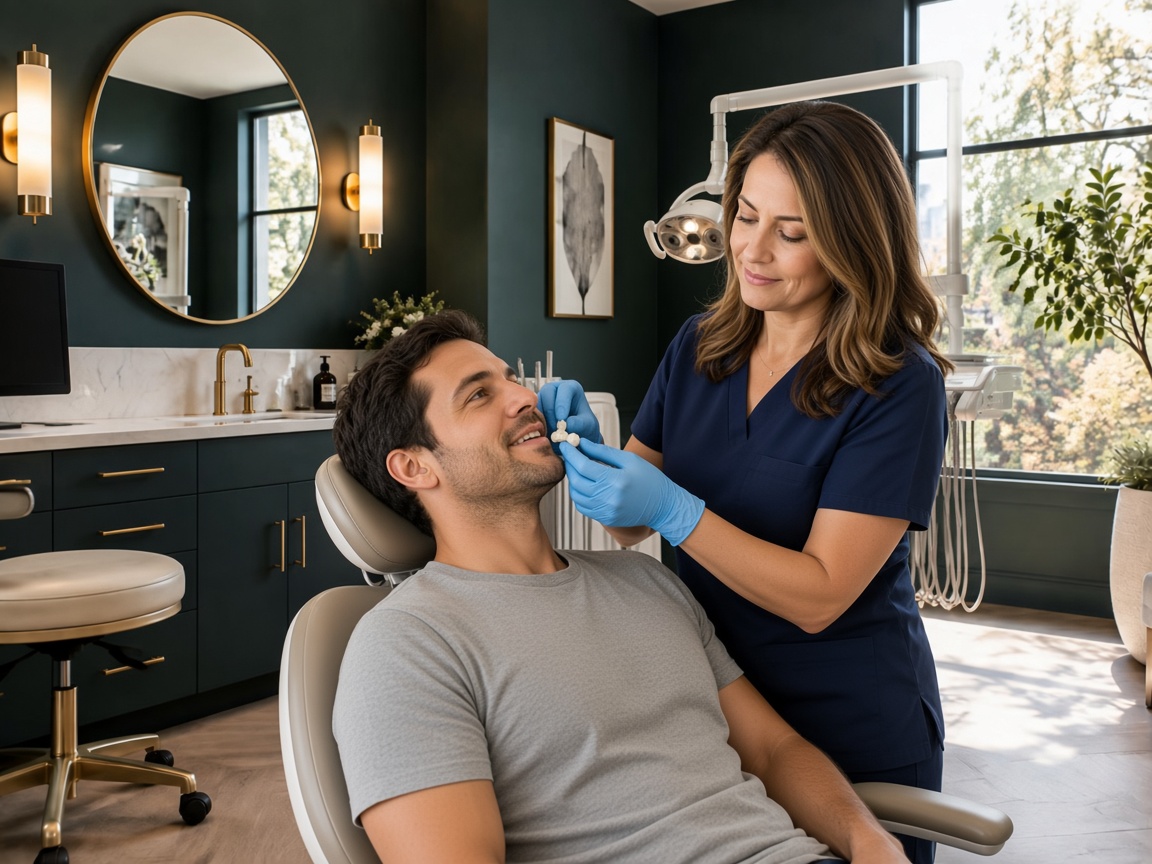 A dentist trying a ceramic crown beside a patient’s smile