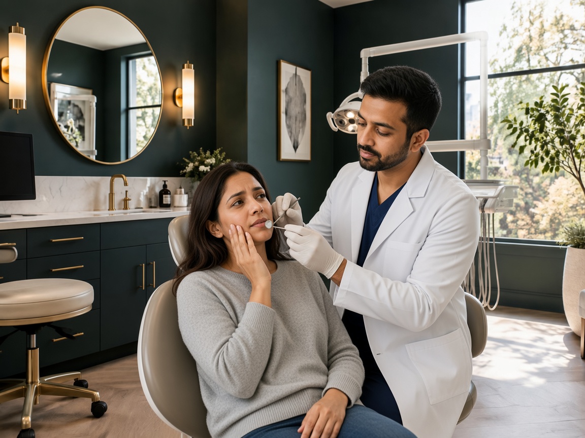 A dentist examining a patient who is holding a sore cheek