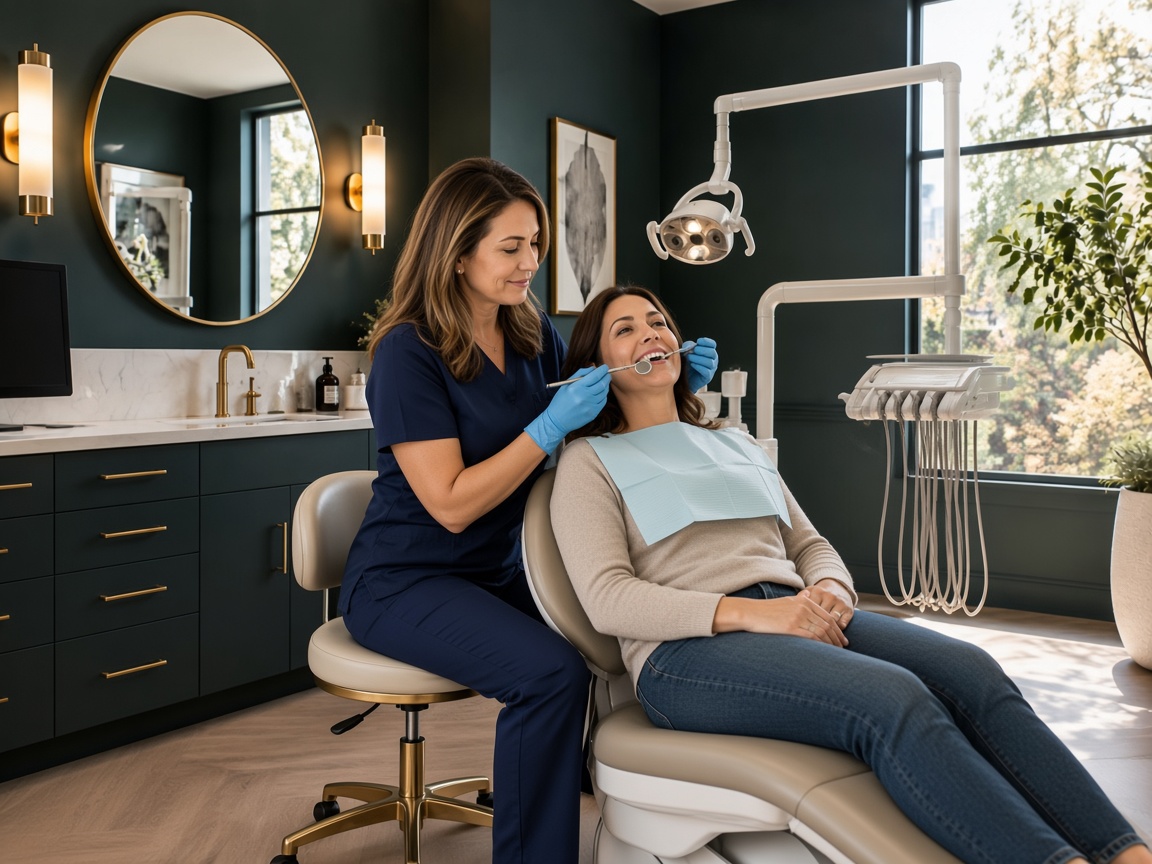 A dentist examining a patient’s teeth with a mirror