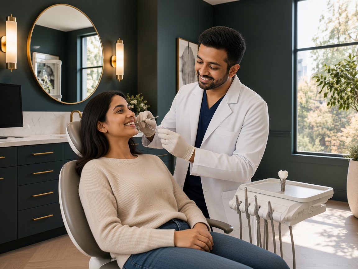 A dentist examining a patient’s smile, with an implant model on the tray