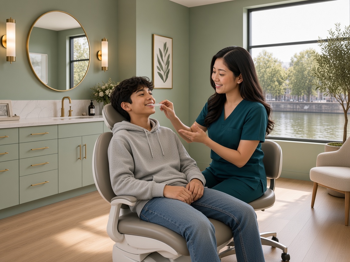 An orthodontist fitting a clear aligner for a teenage patient