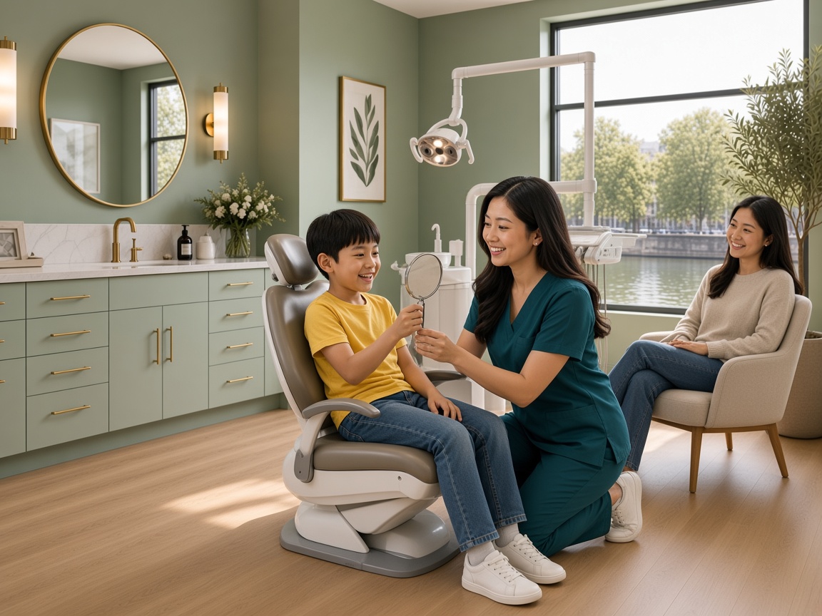 A dentist showing a child a mirror during a check-up, with a parent nearby