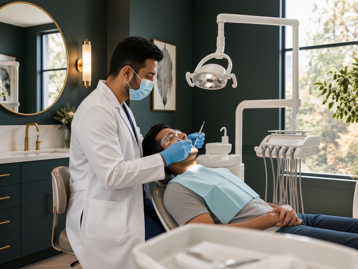 A dentist treating a reclined patient under the operating light