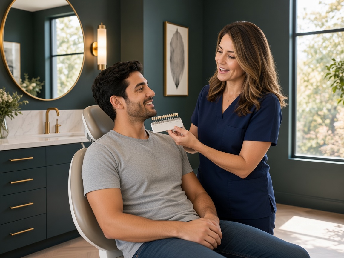 A dentist comparing a shade guide with a patient’s smile